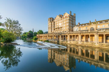 Morning scenery of Pulteney weir at River Avon in city of Bath, Somerset. England