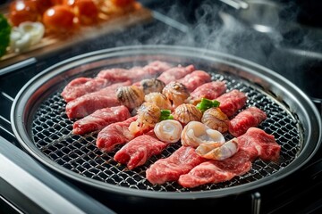 Fresh cuts of meat and seafood sizzle on a grill in a modern kitchen. Steam rises as the food cooks, showcasing an inviting atmosphere for a barbecue gathering