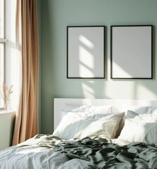 Modern bedroom interior with blank frames, sunlight and bed.  Possible use stock photography for home decor, interior design magazines, or websites