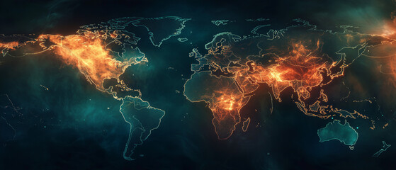 Fototapeta premium Digital world map with glowing data exchange pathways