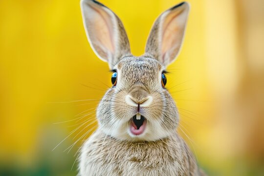 A brown rabbit looking directly at the viewer with its mouth open wide