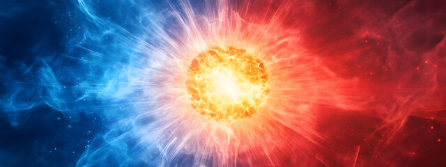 An abstract logo of red and blue light waves colliding in the center with futuristic elements and background
