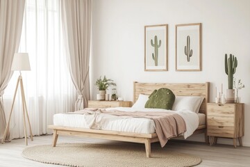 Modern Bedroom Interior with Cactus Prints