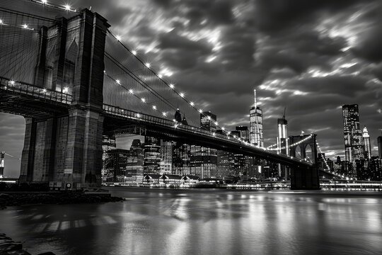 Fototapeta A black and white photograph of the Brooklyn Bridge with the Manhattan skyline in the background, Waterfront views of the city skyline from Brooklyn Bridge