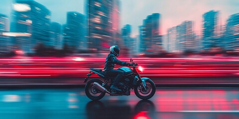 Person rides motorcycle on city street at dusk with light trails, for travel