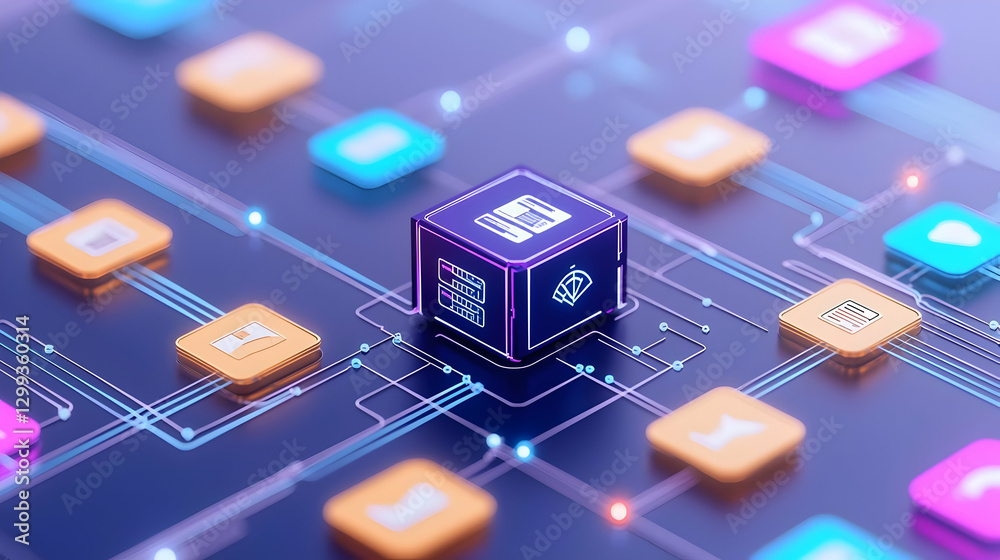 Poster digital network connections with colorful icons and data block