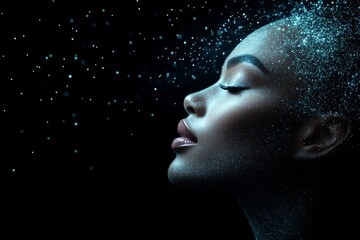 Glowing blue hologram surrounding black woman with futuristic elements against dark background with ample copy space