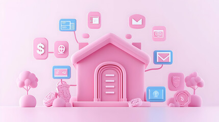 Fototapeta premium Pink Home with Digital Icons for Smart Living Concept