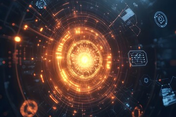 Futuristic Circular Energy Sphere with Radiant Light and Digital Network Connections in Abstract Technological Background