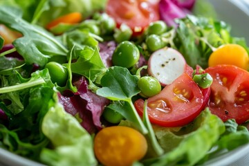 Vibrant Spring Salad Bowl with Fresh Greens, Tomatoes, Radishes, and Edamame