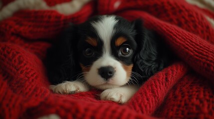 Cozy puppy in red blanket