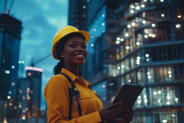 Confident Female Engineer Overseeing Construction Site Progress at Night