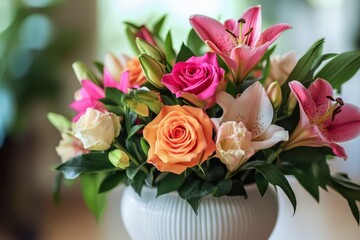 Vibrant Floral Arrangement of Roses and Lilies in White Vase