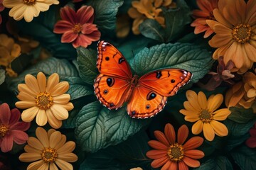 Orange butterfly resting among vibrant flowers and green leaves in natural light