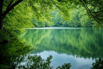 Serene Lake Surrounded by Lush Green Forest Reflecting in Calm Water - A Peaceful Nature Scene