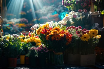 Fototapeta premium A vibrant flower market display with sunflowers, tulips, and lush greenery, bathed in warm sunlight, offering a fresh and colorful