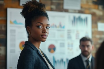 Confident Businesswoman Leads Meeting with Charts and Graphs Presentation