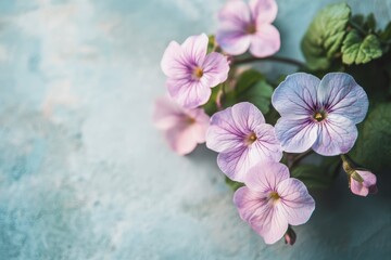 Delicate Purple Pansies Bloom on a Soft Blue Background