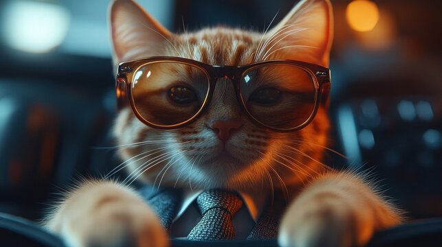 Cat in suit and glasses works on computer at night
