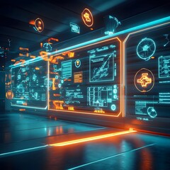 Fototapeta premium Futuristic Sci Fi Digital Technology Interface with Neon Holographic HUD Elements