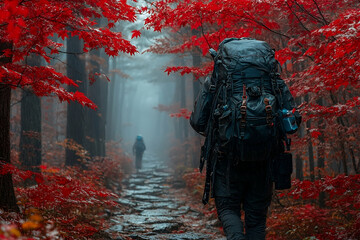 Fototapeta premium Autumn hiker misty forest path