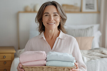 Middle aged woman holding rattan box with neatly folded clothes or laundered bedding while standing in bedroom at home