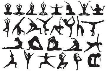 
A collection of yoga and meditation silhouette icons representing different mindfulness and relaxation poses. This vector set includes various postures used in meditation, stretching, and exercise 