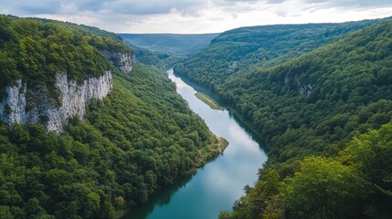 Serene river flowing through lush green valleys scenic landscape photography nature environment aerial view