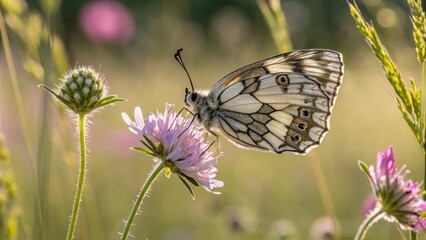 Obraz premium Marbled White Butterfly on Flower Macro Photography, Soft Light, Meadow, Nature, Insect Butterfly, Macro Photography
