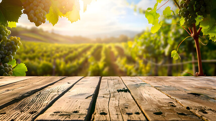 Rustic Wooden Table Vineyard Grapes Sunlight