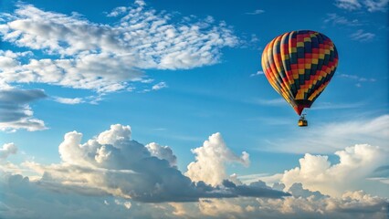 Obraz premium Hot Air Balloon Soaring Above Cumulus Clouds Colorful Pattern, Blue Sky, Aerial View, Freedom, Adventure, Hot Air Balloon Festival Hot Air Balloon, Aerial Photography