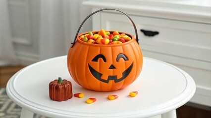 Halloween Candy Corn Pumpkin Bucket, High-Angle Close-Up, Festive Treat, candy corn, halloween candy Halloween, Pumpkin