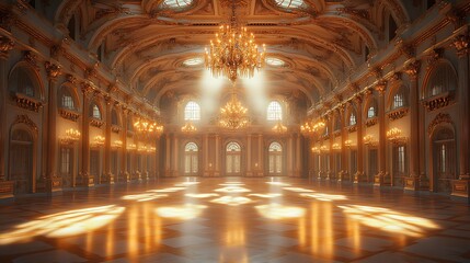 Obraz premium Majestic golden ballroom with sunlight reflection high resolution Wallpaper