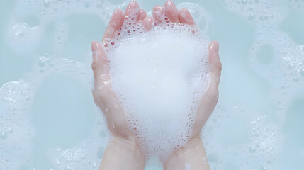 Obraz premium Soft Foam Bubbles in Hands Above Water Surface with Splashing Effect