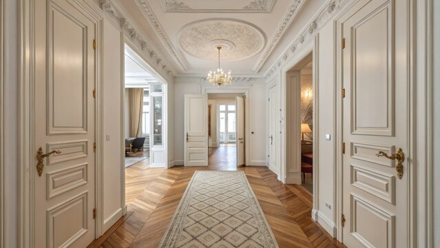Elegant Hallway Herringbone Floor, Ornate Doors and Ceiling, Classic Interior Design, Paris Apartment. interior design, french architecture