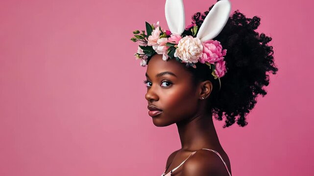  African American woman with a minimalistic floral crown and chic bunny ears. Easter headwear.
