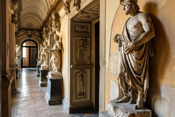 Fototapeta premium Statues of Roman deities line the walls of a grand hallway, showcasing intricate details and craftsmanship, Statues of Roman gods and goddesses adorning the interior corridors