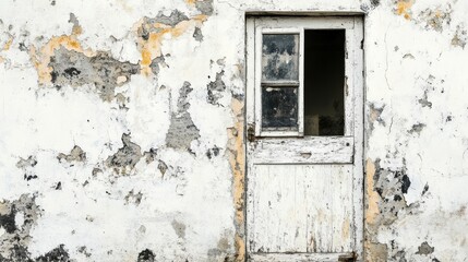 Weathered white door on a decaying wall.