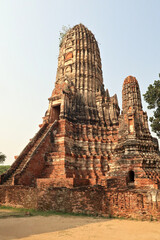 View onto the central pagoda, stupa of the Wat Chaiwatthanaram Temple, a very long stairway leads up to the entrance, Ayutthaya Historical Park, Thailand