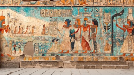 Naklejka premium Ancient Egyptian Wall Art with Colorful Hieroglyphics and Figures
