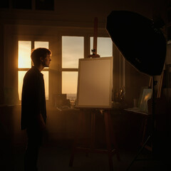 Fototapeta premium Artist in a sunlit studio surrounded by canvases creative inspiration warm golden light art painter workspace