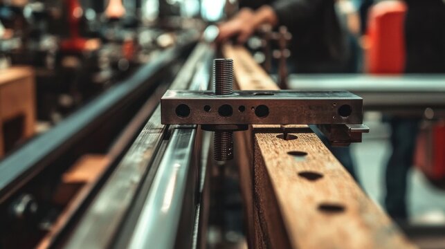 An intricate close-up of a precision tool poised on a wooden surface, capturing the essence of manual craftsmanship and the industrial spirit in a vibrant workshop setting.