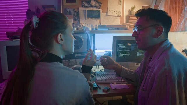 Two diverse young programmers chatting and smoking while sitting at wooden desk with vintage computer monitors and tape recorder on it