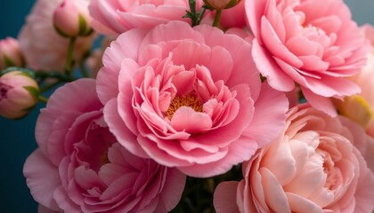 Obraz premium Close-up of fragrant pink peonies in a vibrant bouquet against a blue backdrop 