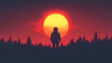 Fototapeta premium Astronaut silhouetted against a vibrant sunset. a cosmic scene of solitude and exploration. Solitude - Forest. Illustration