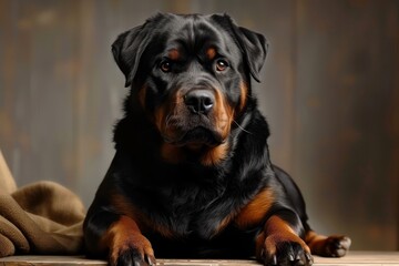 Obraz premium A loyal Rottweiler with a strong muscular build, posing in a studio setting, A loyal rottweiler with a strong, muscular build