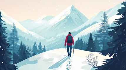 Lone man hikes up a snowy mountain trail, facing away, highlighting solitude and perseverance in a winter landscape. Solitude - Forest. Illustration
