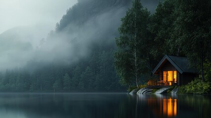 Fototapeta premium A cabin rests atop a water's edge, facing a towering mountain through a hazy sky
