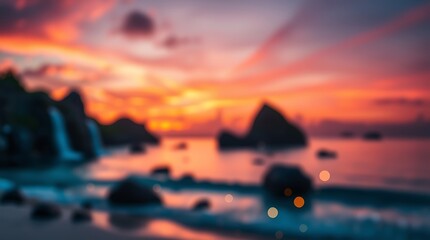 Coastal sunset, dramatic sky, vibrant orange and pink hues, silhouetted rock formations, calm ocean waters, blurred bokeh effect, dreamy atmosphere, ethereal landscape, twilight glow, serene beach sce