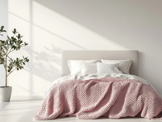 Modern bedroom interior with light pink blanket, ideal for home decor inspiration